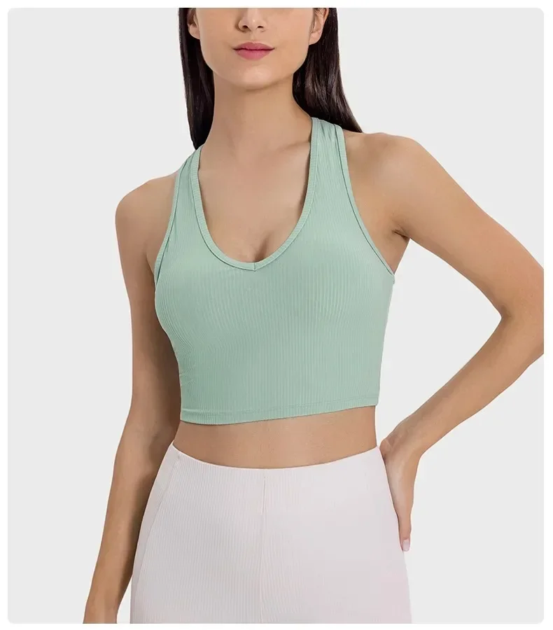 Lemon Women Gym Sport Top Outdoor Jogging Ribbed Fabric Fitness Underwear Leisure Commuting V-neck Tank Top Sport Bra Sportswear