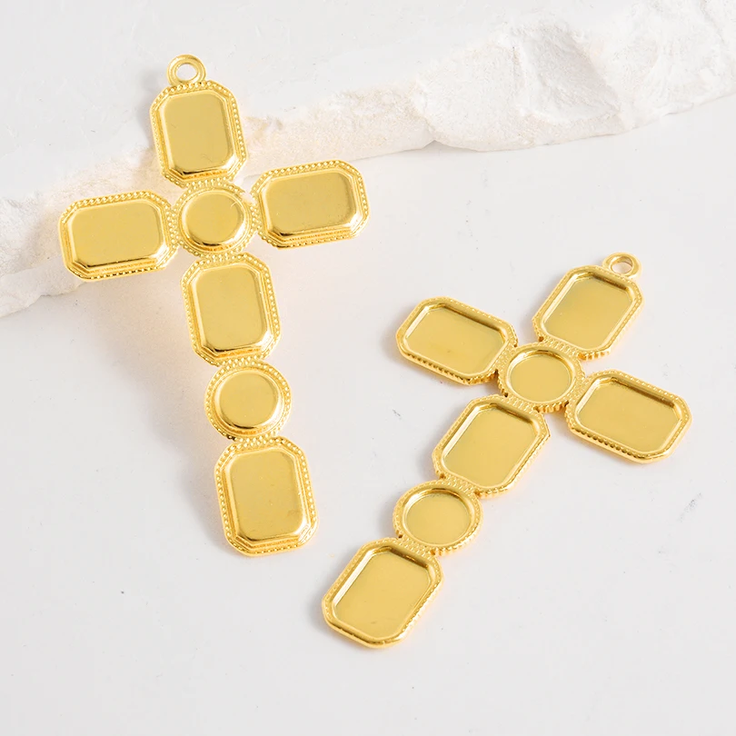 5 Stück geometrische Cabochon-Basisfassung Tablett leer PVD Charm Herz Kreuz Blume DIY Edelstahl Anhänger für Schmuckherstellung Bulk – Detail 7