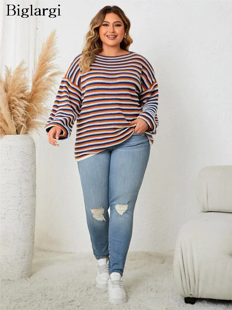 

Plus Size Striped Print Pullover Autumn Winter Knitted Top Women Loose Modis Ladies Sweaters Tops Long Sleeve Woman Sweater 2023