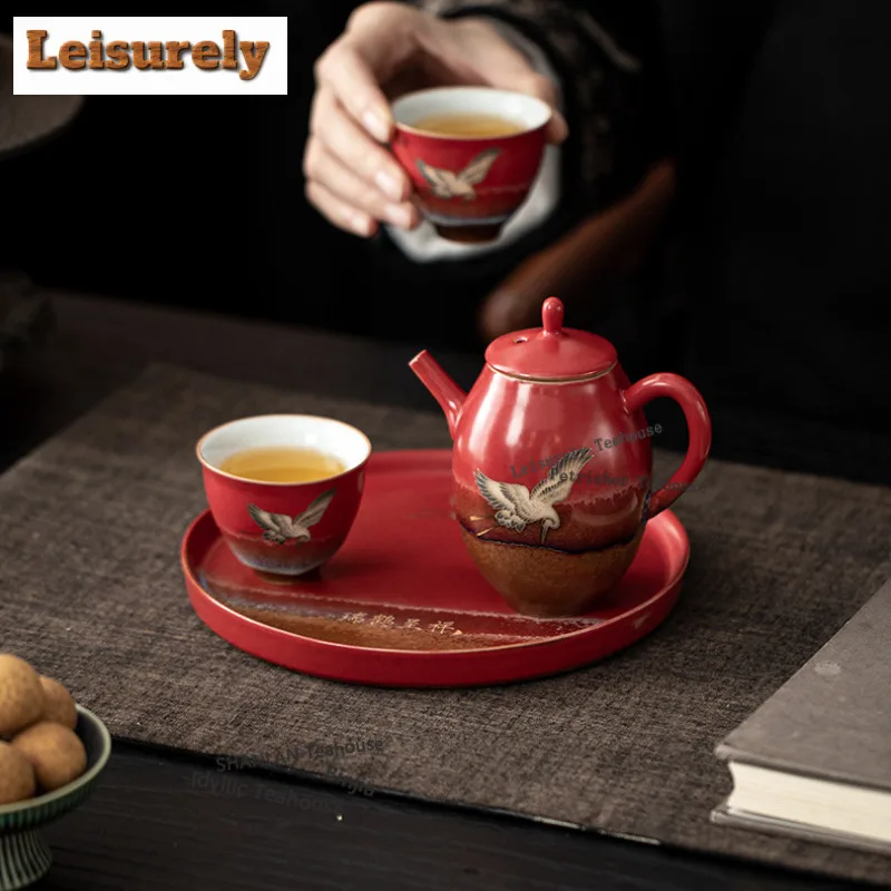 Forbidden City Red Crane Auspicious Tea Set Complete Set Luxury Tea Ceremony Set Teapot And Tea Cup Set For Tea Ornaments Craft