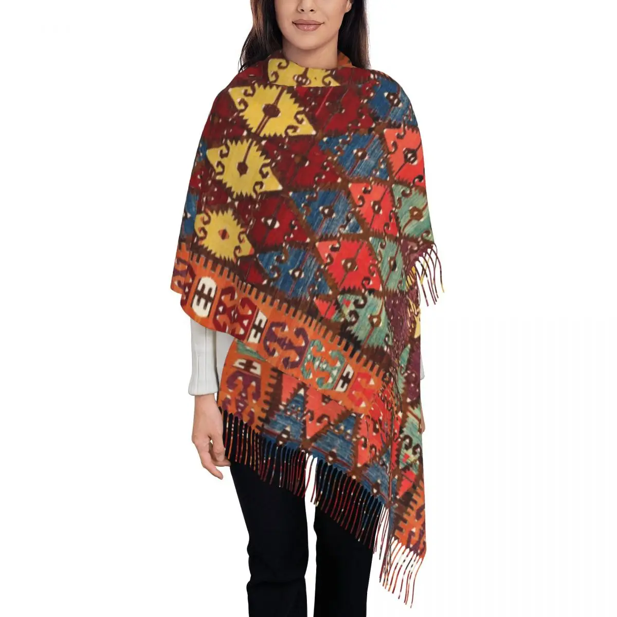

Ladies Long Aksaray Antique Turkish Kilim Scarves Soft Warm Tassel Shawl Wraps Vintage Boho Bohemian Ethnic Persian Tribal Scarf