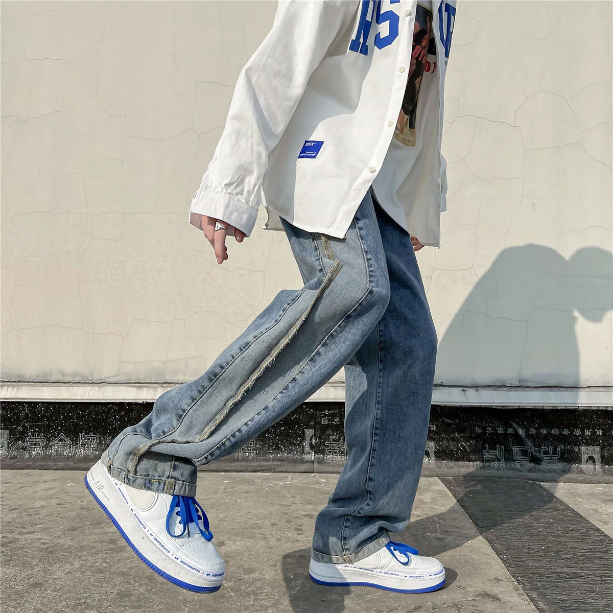 

Casual Jeans Men's Loose Stitching All-match Fashion Wide-leg Washed Trousers Trend Four Seasons Straight Student Denim Pants
