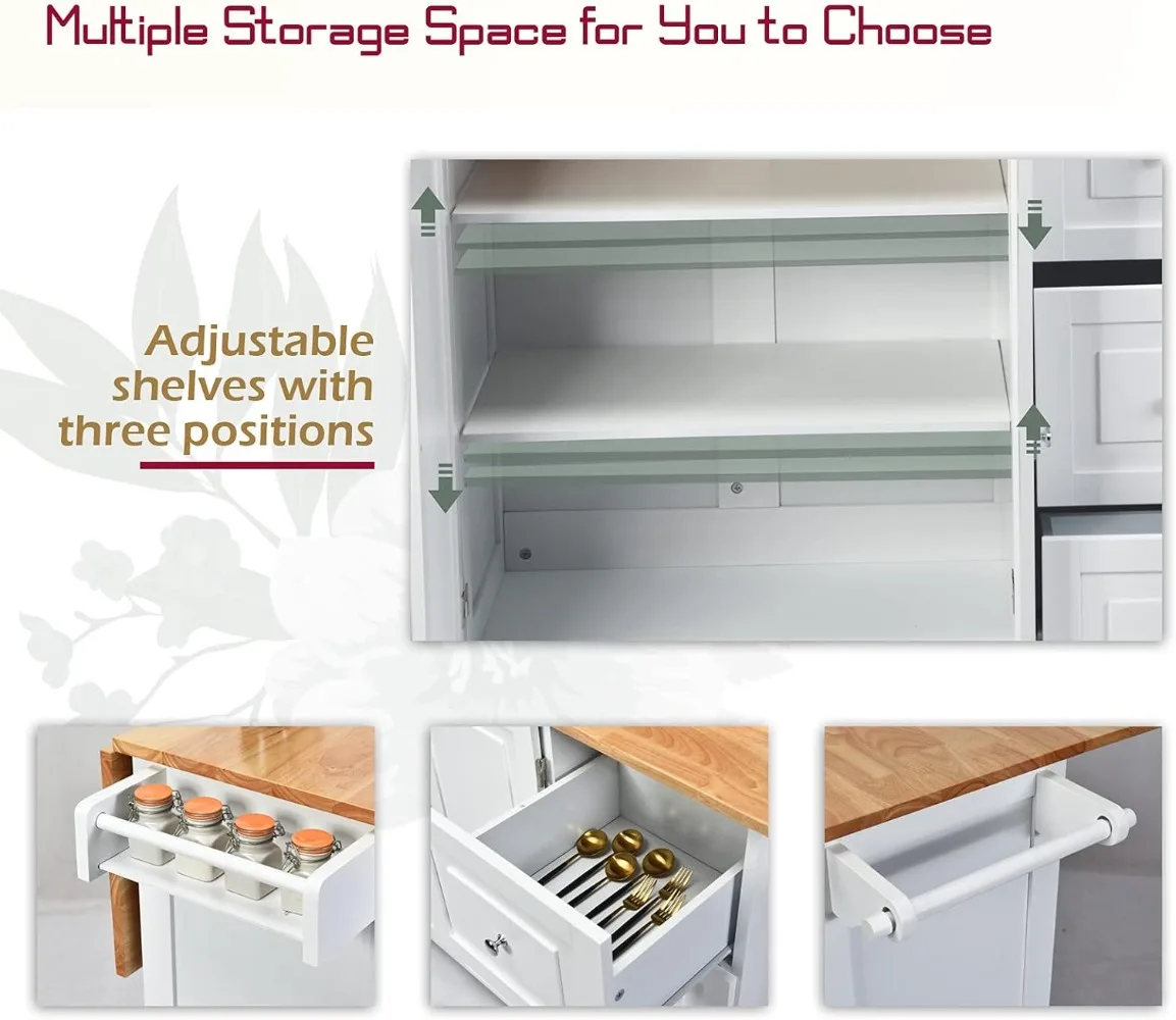 Kitchen Island Cart on Wheels Rolling Kitchen Island with Drop Leaf Top Trolley Cart with Drawers Towel Rack Bottle Rack