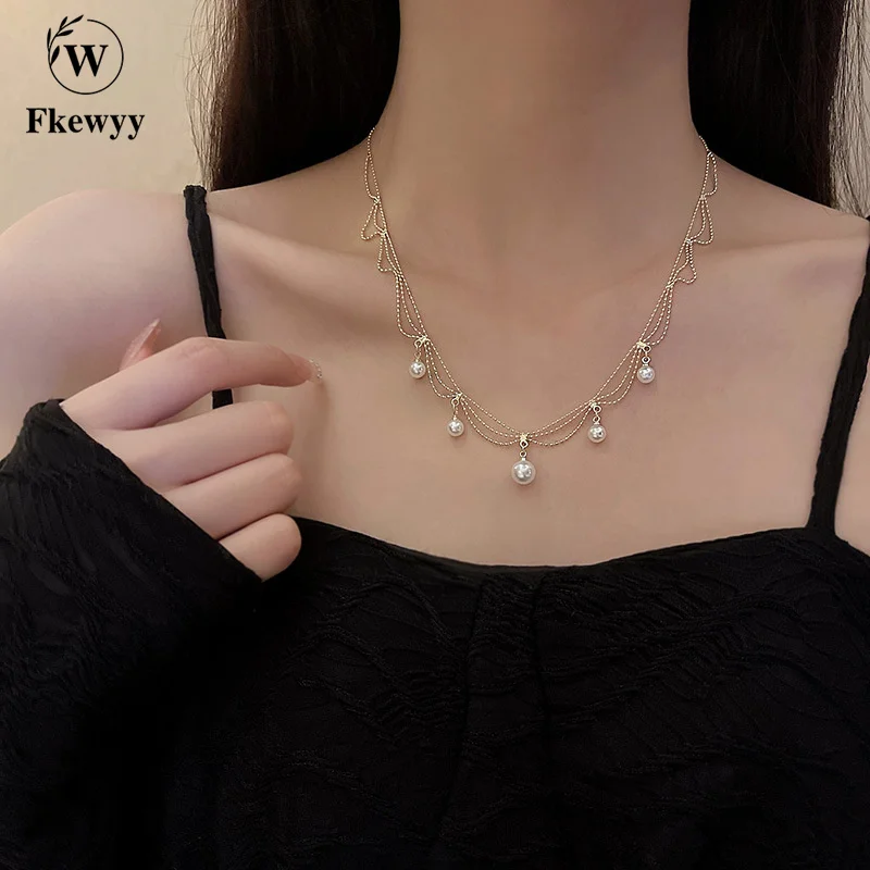 

Fkewyy Multi-layered Pearl Women Necklace Premium Sensation Temperament Versatile Luxury Clavicle Chain Charm Fashion Necklace