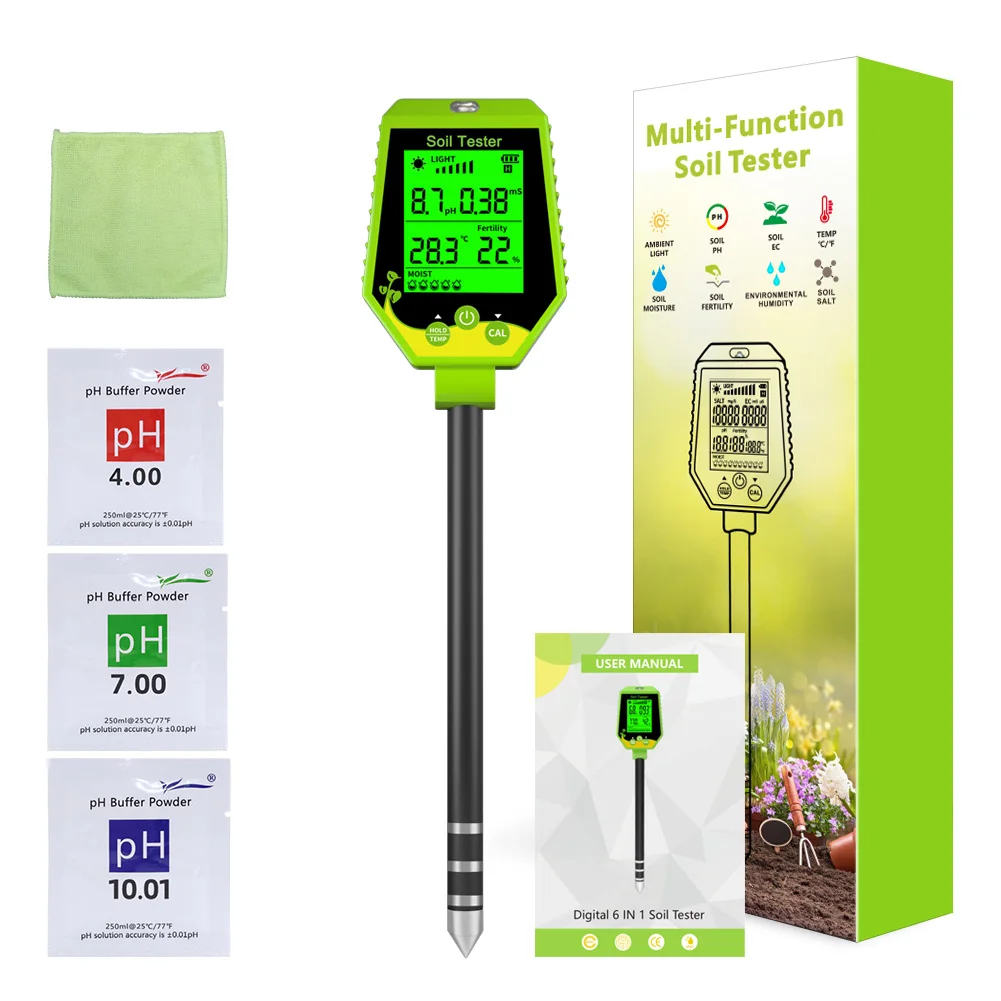 Soil Meter Digital pH Moisture Fertility Light Temp Humidity Analyzer for Garden