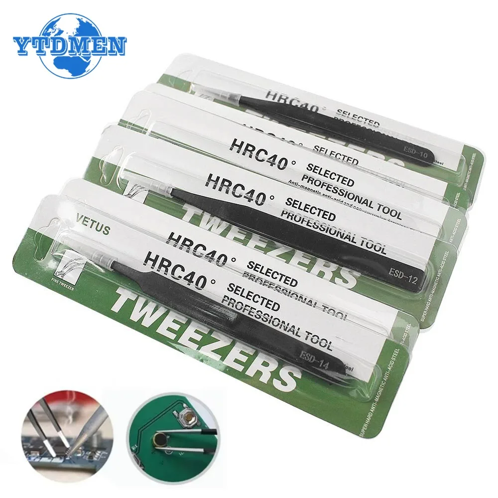 2/6pcs ESD Anti-Static Stainless Steel Tweezers Precision Maintenance Industrial Electronic Repair Tool Home Model Making Tools