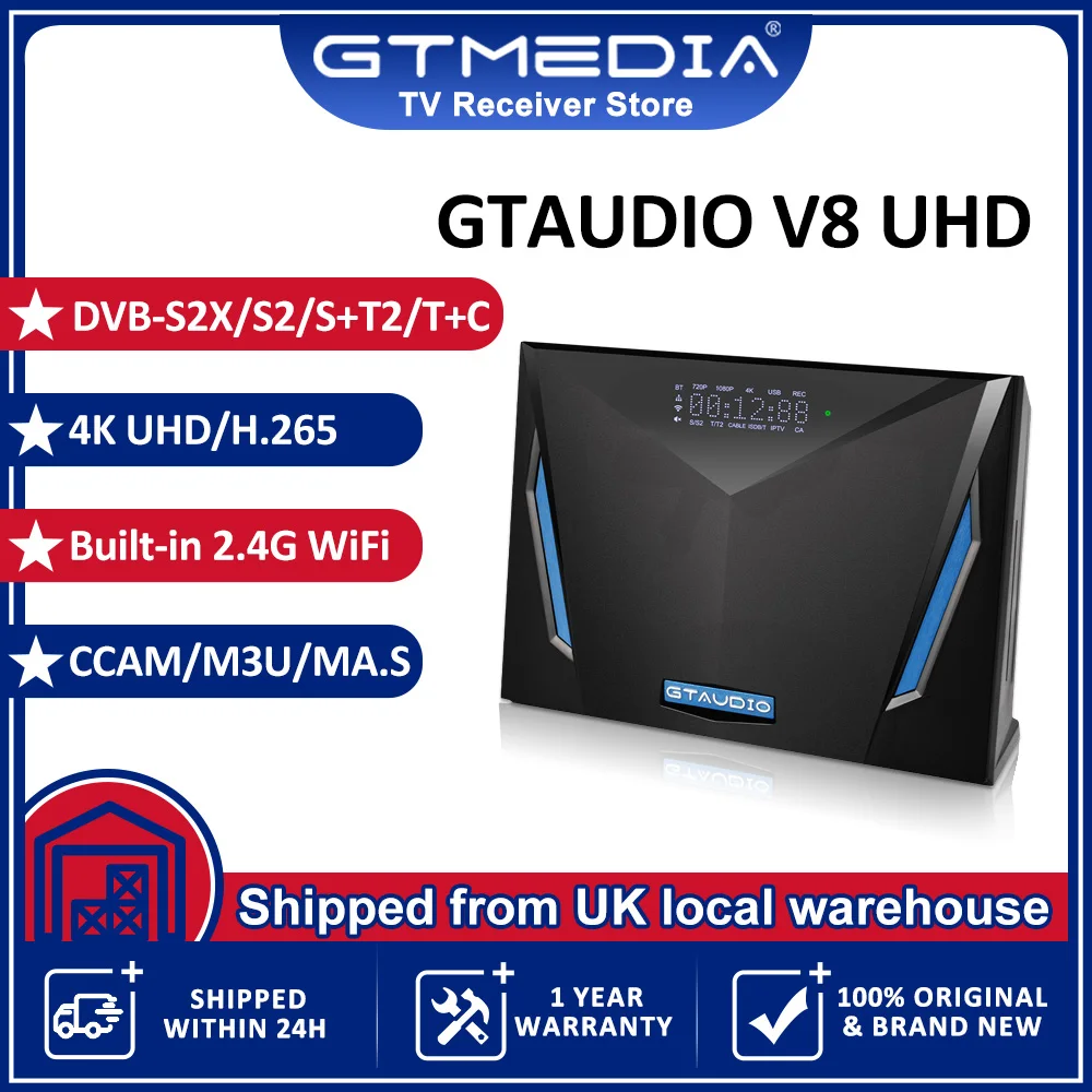 UK GTMEDIA GTAUDIO V8 UHD Satellite 4K Decoder DVB-S2X/S2/S DVB-T2/T/C ATSC-C H.265 TV Receiver Built-in 2.4G WIFI DLNA CCAM M3U