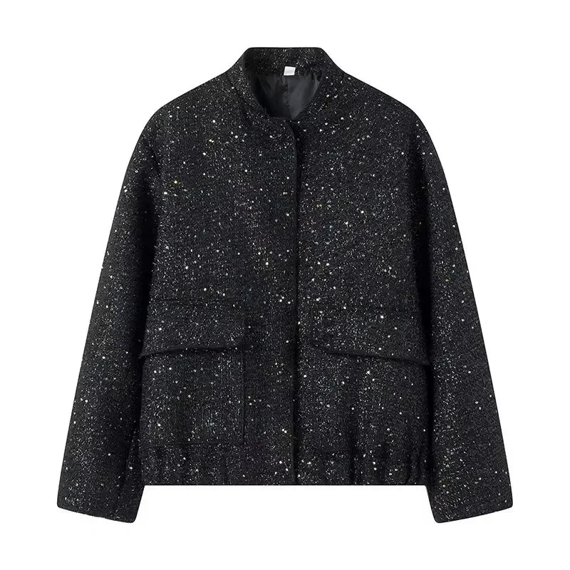 S03aa468988b74a7589e0eb6b0e1835d2R Women's Sequined Bomber Jacket Fall New Round Neck Long Sleeve Pocket Stretch Hem Sequins Jacket Coat Female Chic Outerwear Mallzona