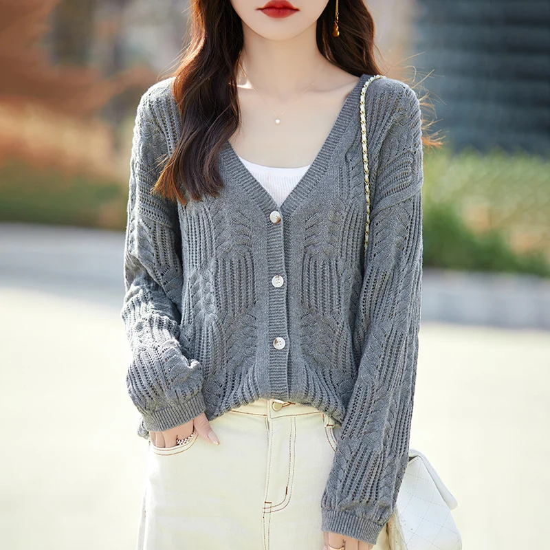 여성용 캐주얼 가디건, 단색 니트 코튼 스웨터, V넥 싱글 브레스트 여성 상의, 할로우 블라우스, 용수철 가을 신상