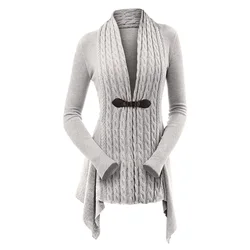 Cable Knit Asymmetrical Long Cardigan Women Sweater Female Casual Solid V-Neck Long Sleeve Winter Cardigans
