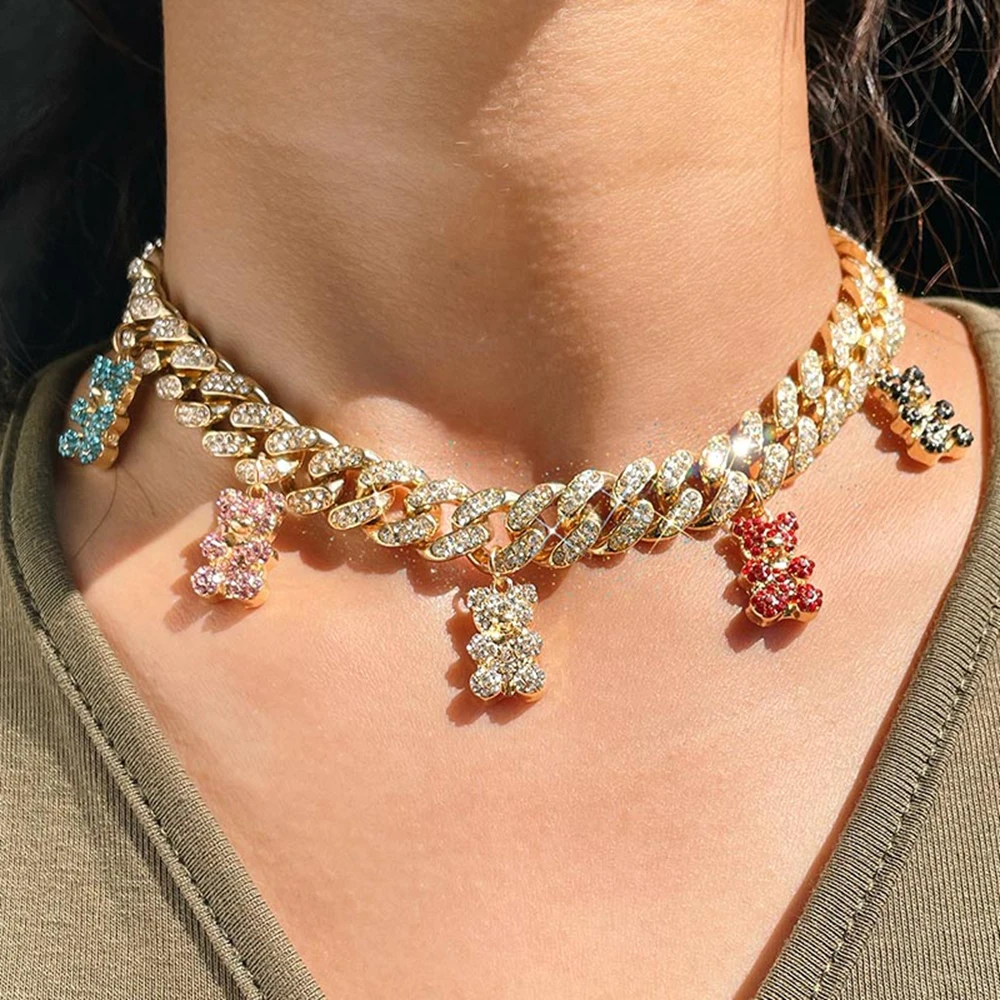 Hip Hop osobowość złoty kolor kubański Link Chain naszyjnik dla kobiet dziewczyna Iced Out kryształ akrylowy wisiorek z misiem naszyjnik biżuteria