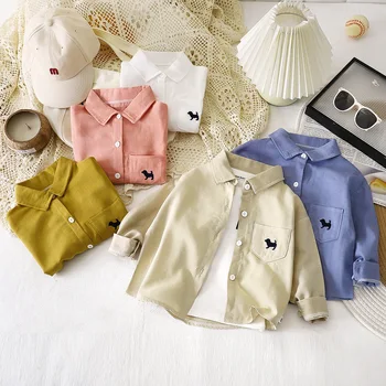 Cotton Button Up Shirt 1-7Y Kids Boy Long Sleeve Blouse Clothes Pure Color Casual Top Versatile Spring Autumn Baby Girls Wear 1