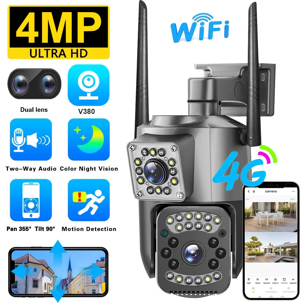 

2K HD Waterproof IP Camera Wifi 4G Sim Card PTZ 4MP Dual Lens Outdoor AI Human Tracking Color Night Vision CCTV Security Camera