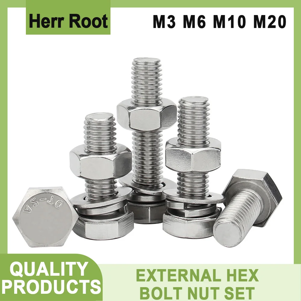 

M3 M6 M10 M20 External Hexagon Bolt Nut Set 304 Stainless Steel Flat Washer Elastic Gasket Assortment Kit Outer Hex Bolts Screws