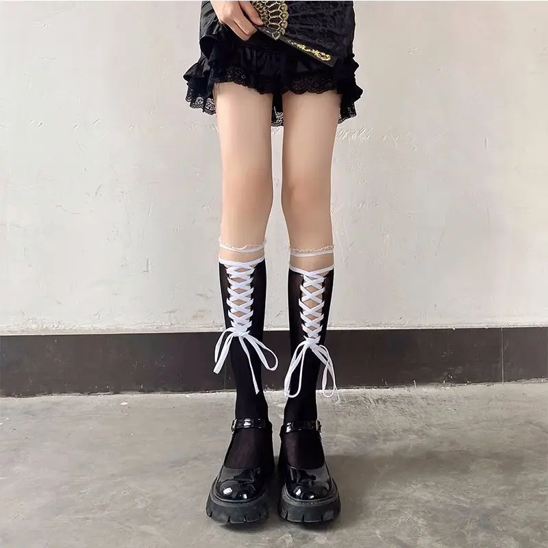 Calze Sopra Il Ginocchio Donna - 2 Paia Sexy In Pizzo Per Stile Lolita (Bianco E Nero) - Foto 4