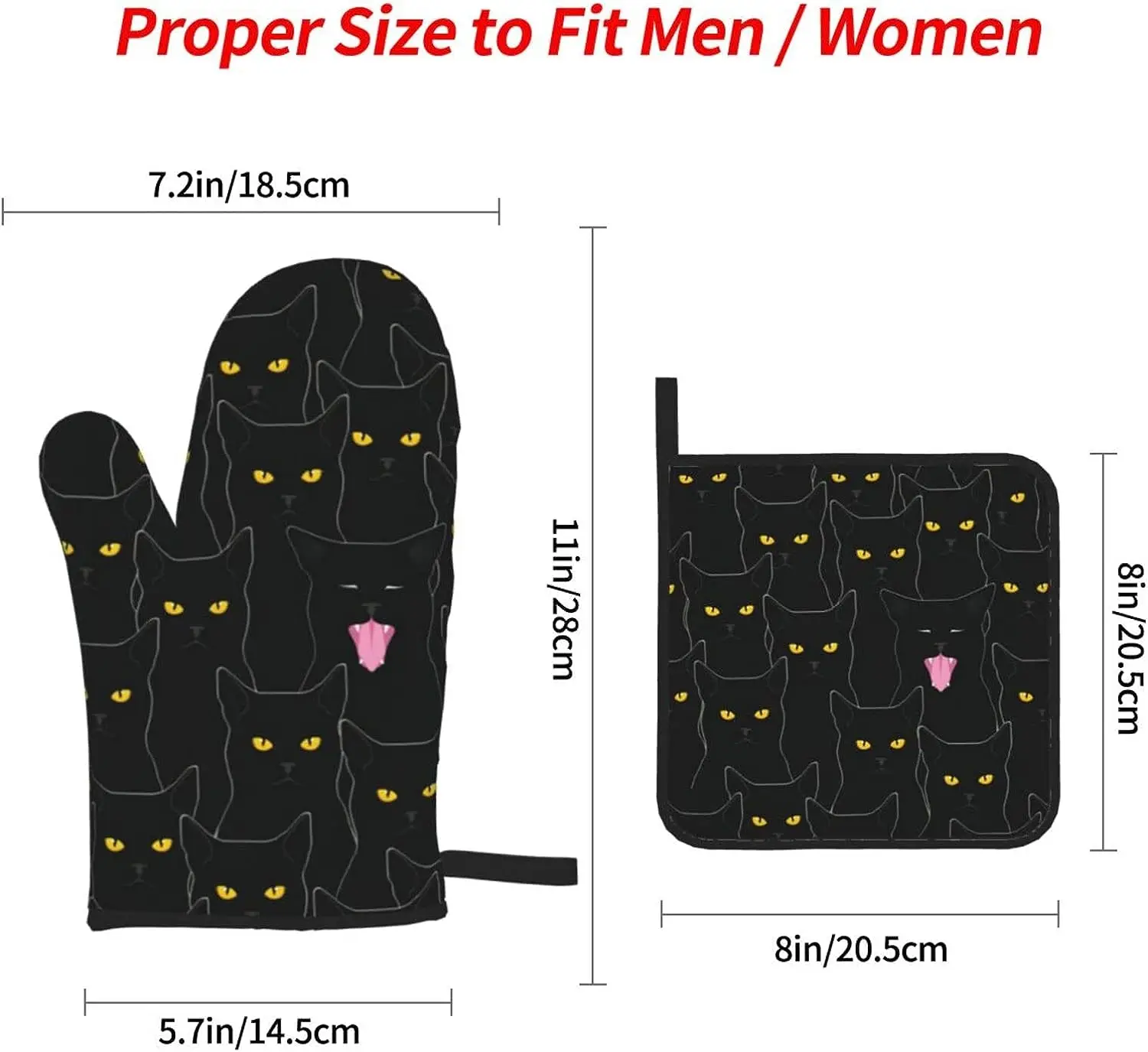 Cute Black Cats Oven Mitts and Pot Holders Sets of 4 Heat Resistant Surface Kitchen Microwave Gloves for Grilling Baking Cooking