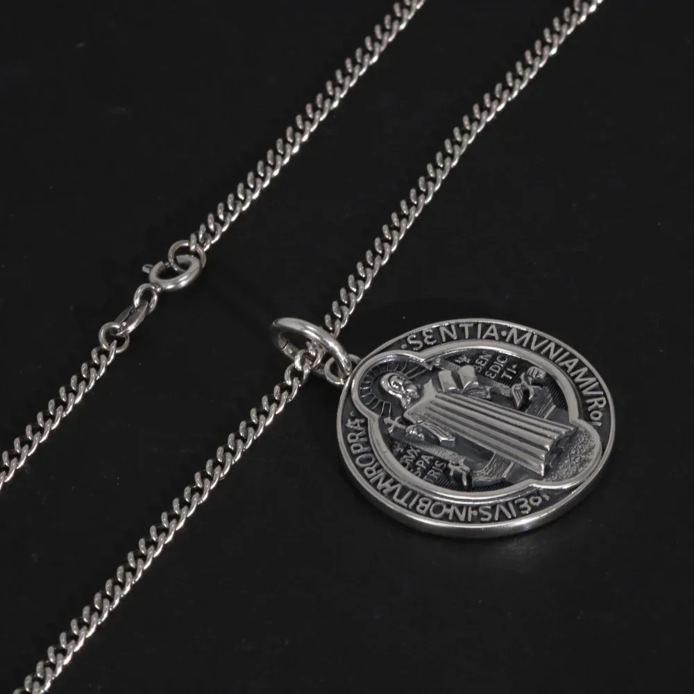 Vintage 925 Sterling Silver Saint Benedict Medallion Cross Pendant Necklace Catholic Exorcism Amulet Men and Women pendant necklace silver necklace silver pendant silver necklace charms