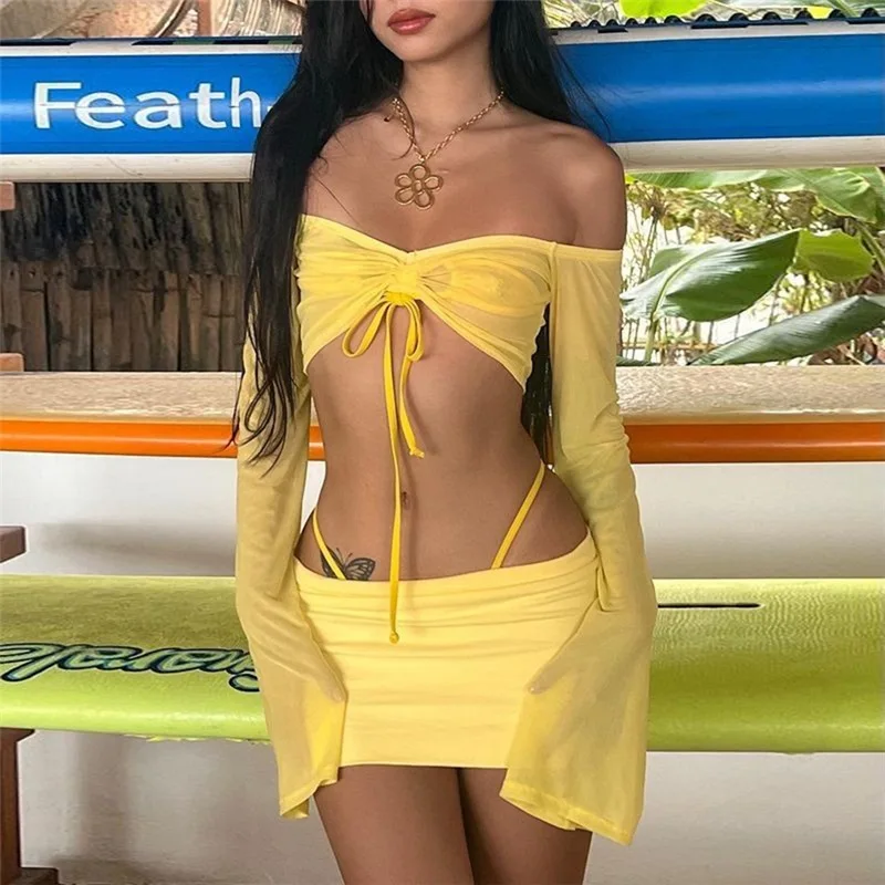 

HOUZHOU Y2K Sexy Two Piece Set Women Drawstring Lace-up Off Shoulder Crop Top Low Waist Bodycon Mini Skirt Sets Streetwear