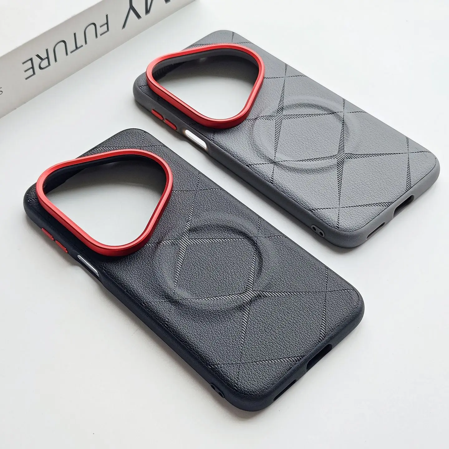 Huawei Pura 90 Pro Max Shockproof PU Leather Case with Magnetic Metal Button and Camera Lens Ring