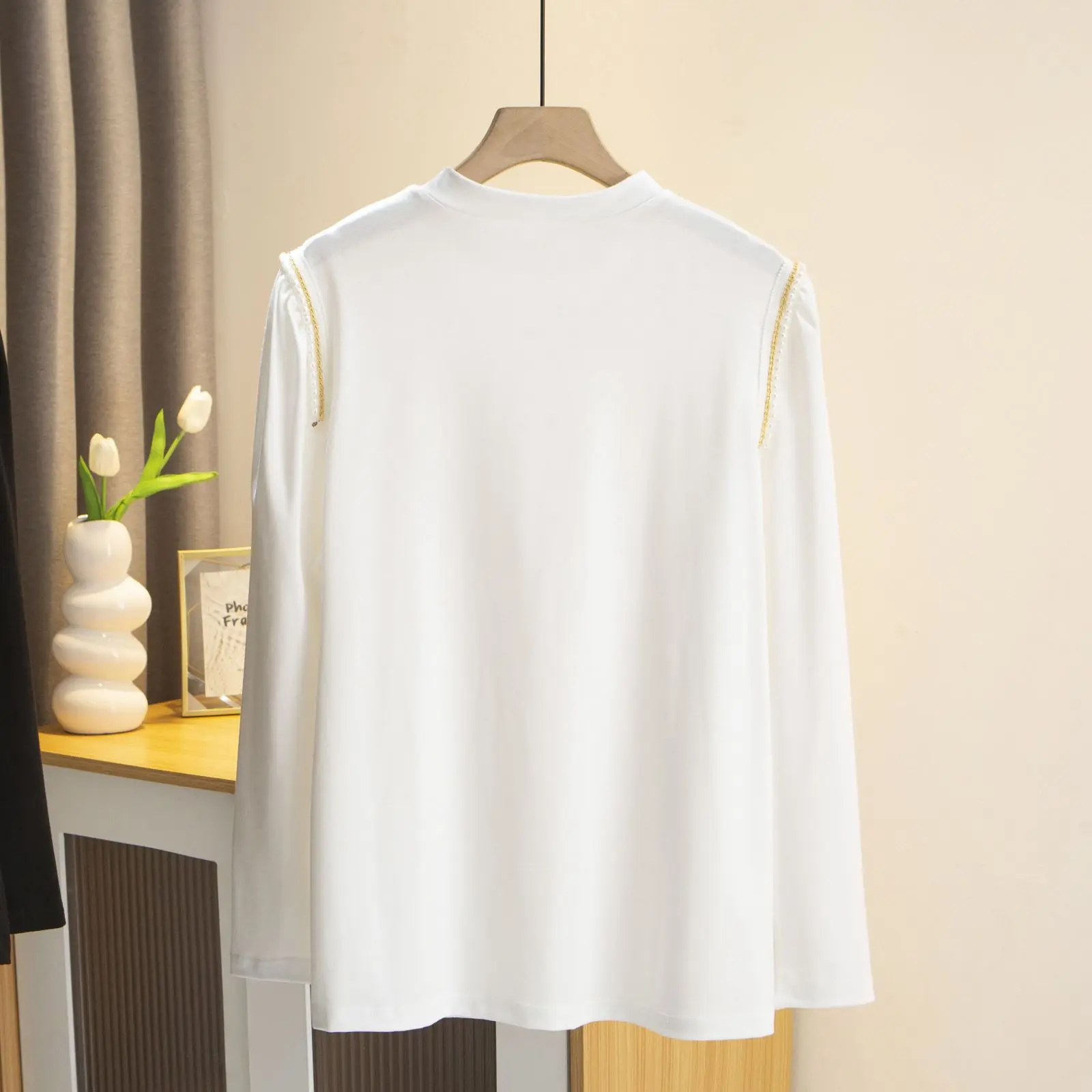 2023 Autumn Clothes Women Plus Size T-Shirt Stylish Beading Shoulder Long Sleeve Base Tee Loose Casual Solid Color Top