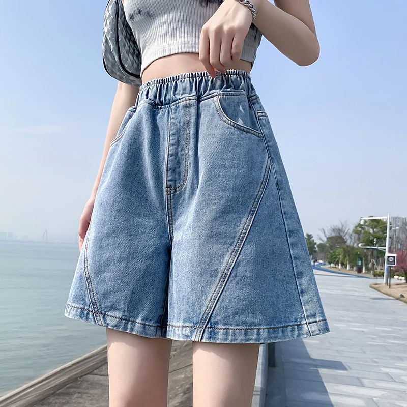 

Blue High Waist Jeans Shorts For Women Summer 2023 Large Size Loose Elastic Waist Denim Shorts Fashion New Wide Leg Half Pants