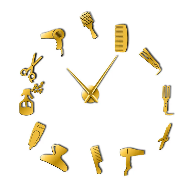 Barber Tools Wall Clock Barber Shop Giant Wall Clock With Mirror Effect Toolkits Decorative Frameless Silent