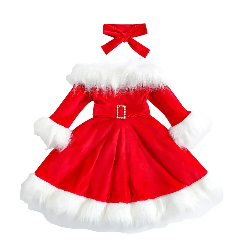 1-7Y Kids Girls Party Princess Dress for Christmas Baby Furry Velvet Long Sleeve A-line Dress with Belt Children Winter Clothing