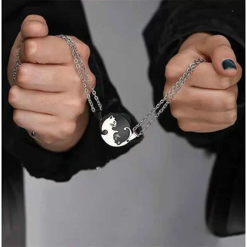Colliers de Couple deux chats, bijoux en acier inoxydable, noir et blanc, pendentif Animal chaton, ras du cou, cadeau d'amitié pour amoureux_voghion.com