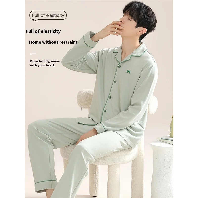 Cotton Men Pajamas Long-Sleeved Autumn and Winter Big Size Pajama Sets Solid Colour Cardigan Home Wear Two-Piece Set Sleepwear Pajama Sets