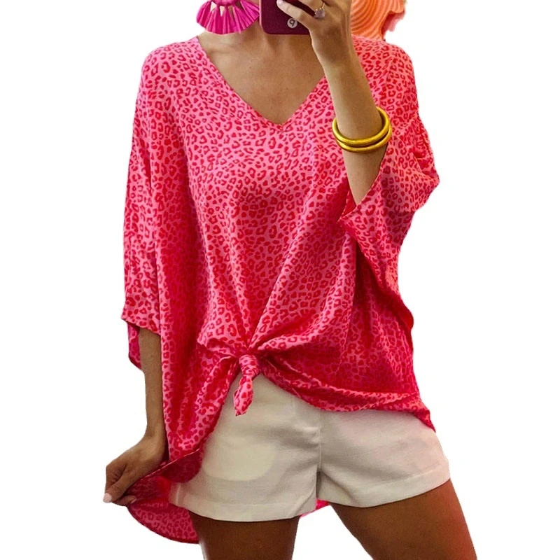 Women's Leopard Printed Half Sleeve Shirt Casual Red Tops Loose Clothes V Neck Summer Fashion New 8619