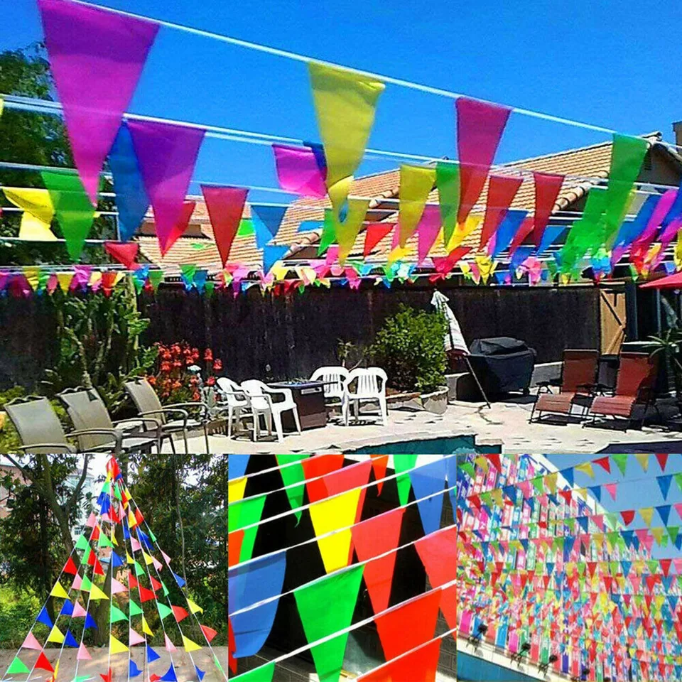 QUARKZMAN 30M/108ft Rosso Blu Giallo Bandiera Striscione Cordoncino Appeso con 64pz Bandiere Triangolari Bandierine per Giardino Esterno Matrimonio Festa Compleanno