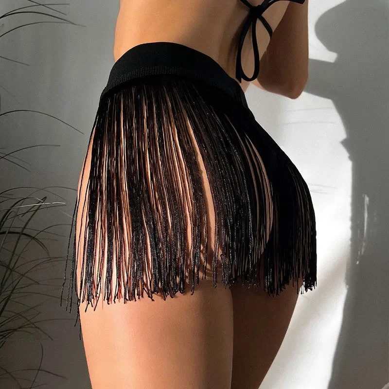 Women's High Waist Fringe Tassels Mini Beach Skirt Black Solid Summer Ladies Girls Party Pu Rock Clubwear Sexy Skirt