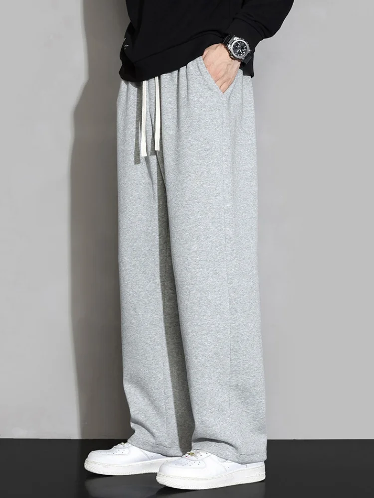بنطلون واسع الساق للرجال لفصلي الخريف والشتاء، مبطن بالصوف، تصميم مستقيم وفضفاض، بنطلون رياضي كاجوال طويل، بنطلون رياضي أسود
