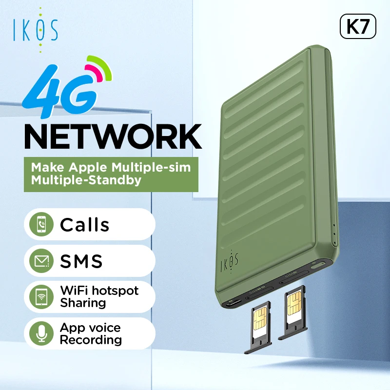 IKOS K7 4G Dual SIM адаптер для iPhone/iPad - 2 или 4 SIM-карты/SMS/звонки активные одновременно-WiFi Hotspod данные