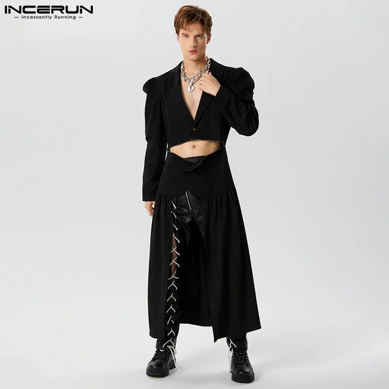 

Мужской Асимметричный однотонный Блейзер на молнии с лацканами и длинными рукавами-фонариками на пуговицах, уличная одежда, мужские костюмы 2023, повседневные Длинные Стильные пальто, Женский блейзер