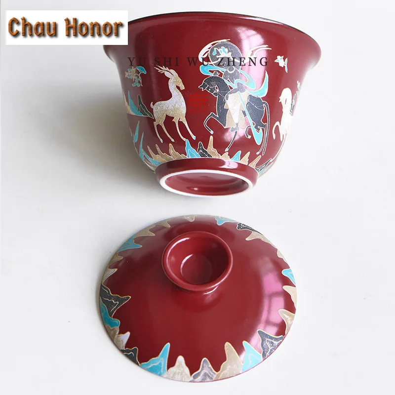 120ml Redness Deer King Coarse Pottery Gaiwan Traditional Tea Tureen Tea Bowl with Lid Kit Tea Making Cover Bowl Tableware Gift