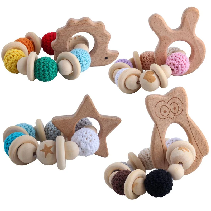 

Wooden Toys Baby Stars Bracelets Beech Teether Silicone Beads Teething Wood Ring Rattles Toys Infant Nursing Gift for Newborns