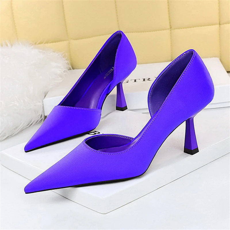 

BIGTREE Fashion Simple Sexy Party Stripper Heels Satin Shallow Mouth Pointed Side Hollowed Out Single Shoes Wedding High Heels