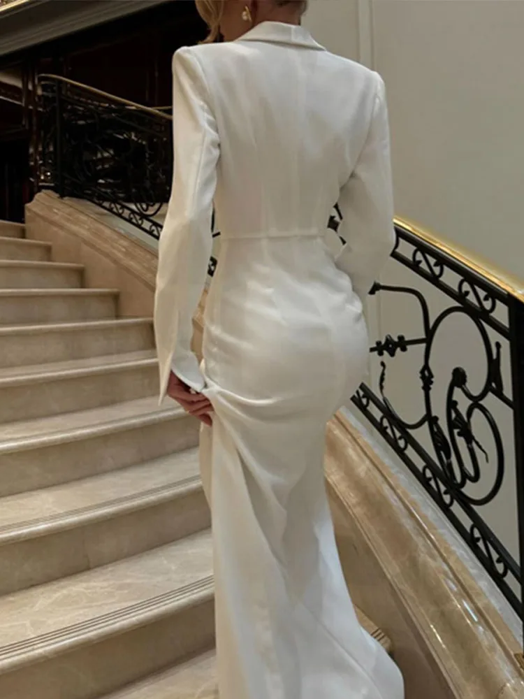 Lange Abendkleider für Damen, V-Ausschnitt, hoher Schlitz, diagonale Knopfleiste, Knopfkleid, Herbst 2022, Bürodame, volle Ärmel, figurbetont, Vestido – Detail 14