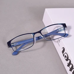 Blue Light Blocking Metal Frame Square Reading Glasses with Spring Hinge - +400 (Blue)