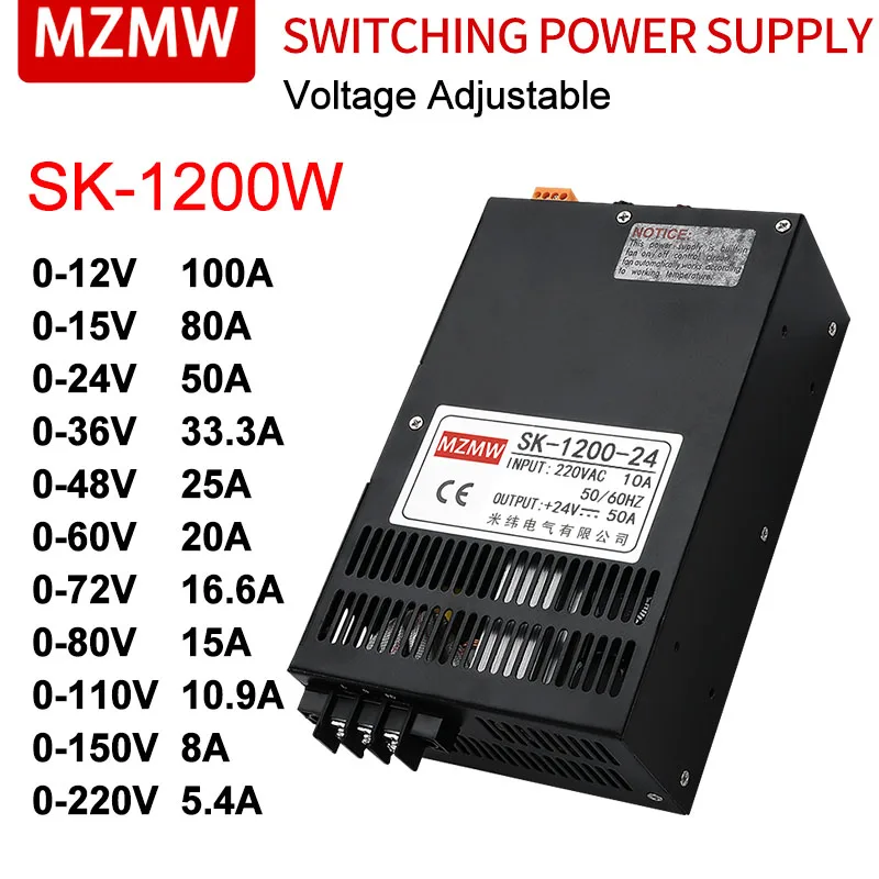 MZMW 1200W Switching Power Supply SK-1200 0-12V 15 24V 36V 48V 60V 80V 110V 220V AC/DC 220VAC Adjustable Voltage High Power SMPS