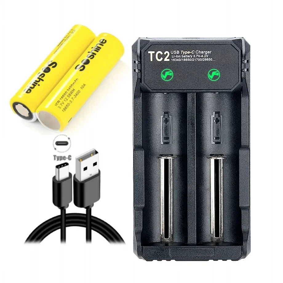 Soshine 2 шт. 18650 3,7 в 3400 мАч 3C литий-ионная аккумуляторная батарея с USB 2 слотами умное быстрое зарядное устройство Type-C