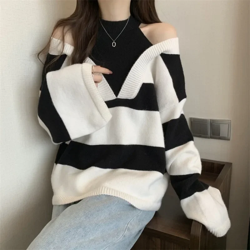 Fashion Women'S Korean Sweater Fake Two-Piece Neck Hanging Pullover Top Off Shoulder Striped V-Neck Sweater Y2k Korean Kpop Tops