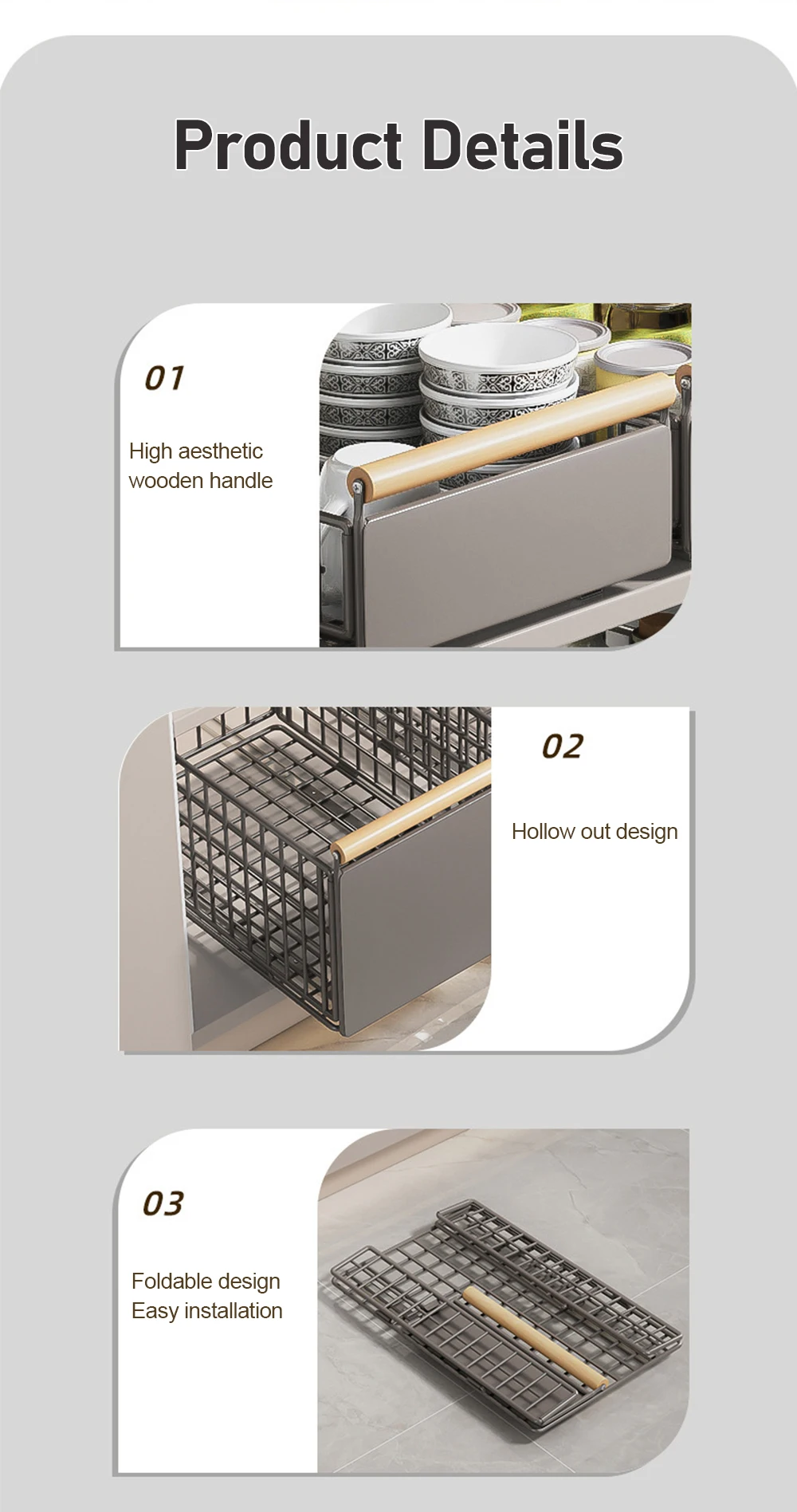 Foldable Pull Out Cabinet Organizer With Wooden Handle Kitchen Storage Sliding Drawer Spice Jars Storage Rack Kitchen Organizer