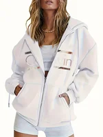Sweat à capuche pour femme – Cozy marron zippé avec imprimé blanc, sweat-shirt décontracté à manches longues, épaules tombantes, coupe décontractée, hiver W 2