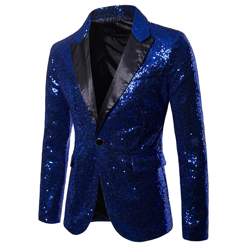 thumbnail image 1 of Blazer de lentejuelas para hombre, esmoquin para fiesta, graduación, boda, chaqueta de esmoquin de marca para hombre, cuello chal de un botón para cantantes, disfraz de Halloween, 1 of 5