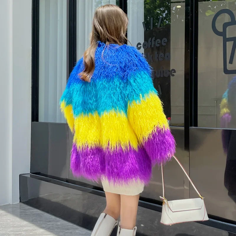 European and American Fur Imitation Beach Wool Medium Length V-neck Gemstone Sky Blue Yellow Purple Contrasting Fur Patchwork
