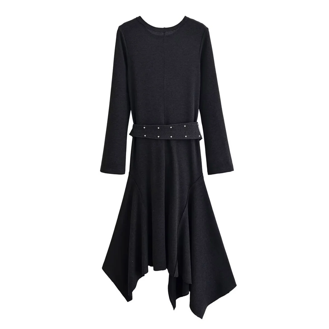 Women Black Asymmetric Midi Dress With Belt Female Spring Autumn Fashion O-Neck Long Sleeve Long Dress Lady Street Chic Dresses