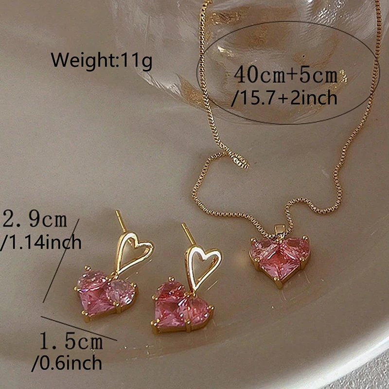 Jewelry Sets Women Earrings Chain Necklace 3pcs Y2k Heart-shaped Zircon Pendant Earrings Necklaces Set