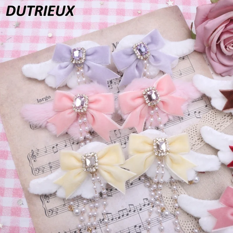 

Japanese Original Handmade Sweet Clips Furry Wings Velvet Bow Barrettes Girls Pearl Chain A Pair of Hairclips Hair Accessoires